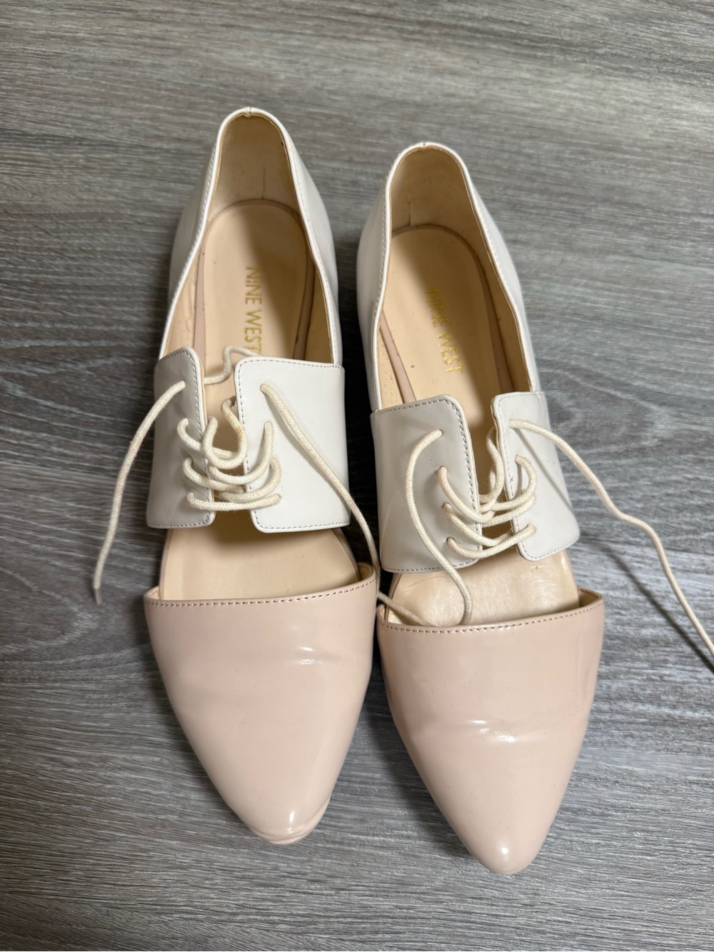 Nine West Two-Tone Pointed Lace-Up Flats in Blush and White